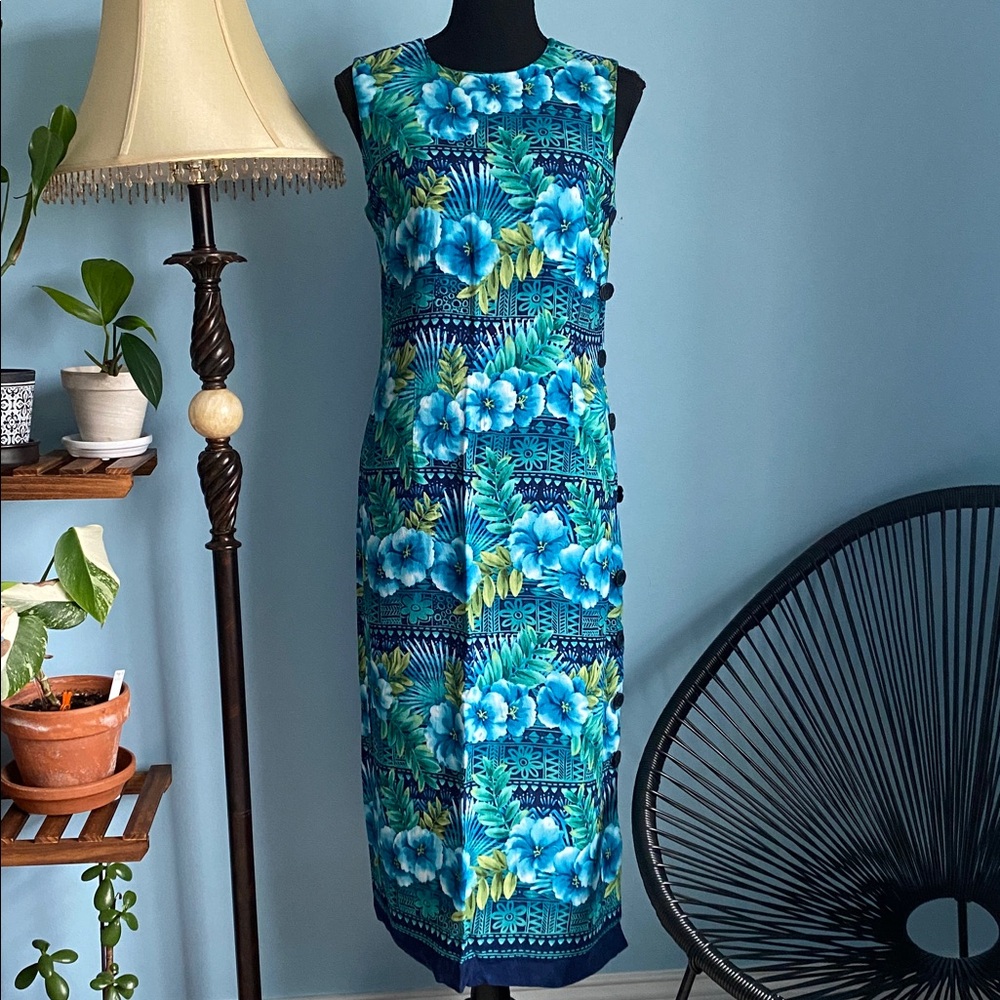 R & K Originals 6 Petite Blue Floral Midi Dress Sleeveless Tropical Print